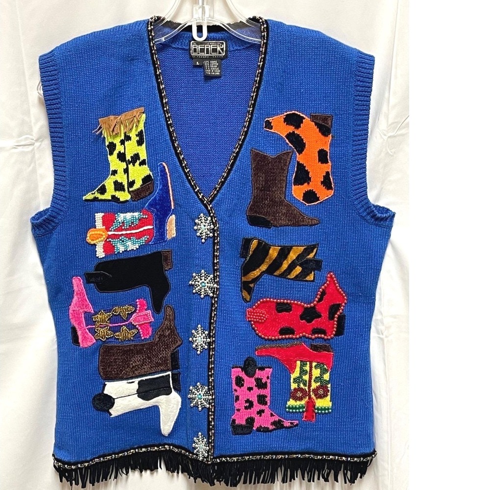 Womens Vintage Knit Vest Embellished Embroidered Rodeo Western Patchwork Size L